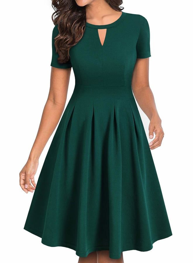 YATHON Women's Vintage Floral Flared A-Line Swing Casual Party Dresses with Pockets, Yt018-dark Green Solid, M - Image 1