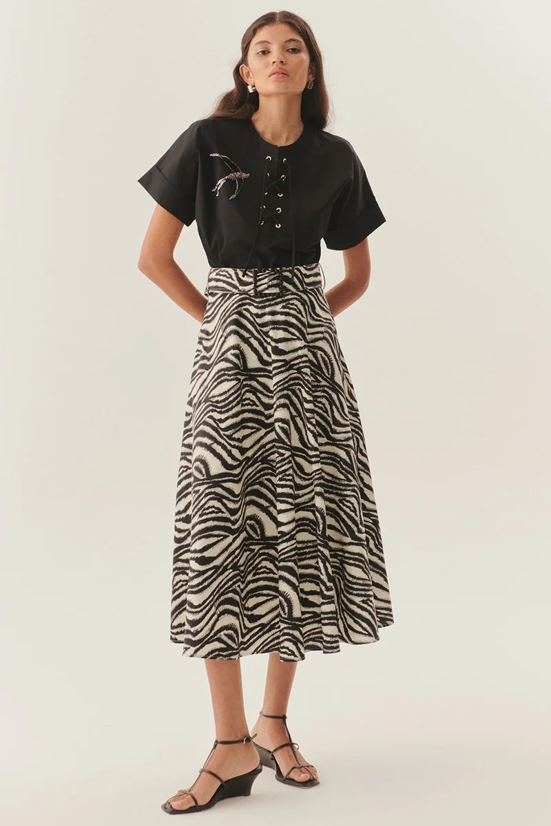 EXQUISE Zebra Patterned A-Line Cotton Midi Skirt with Buckle Belt Detail