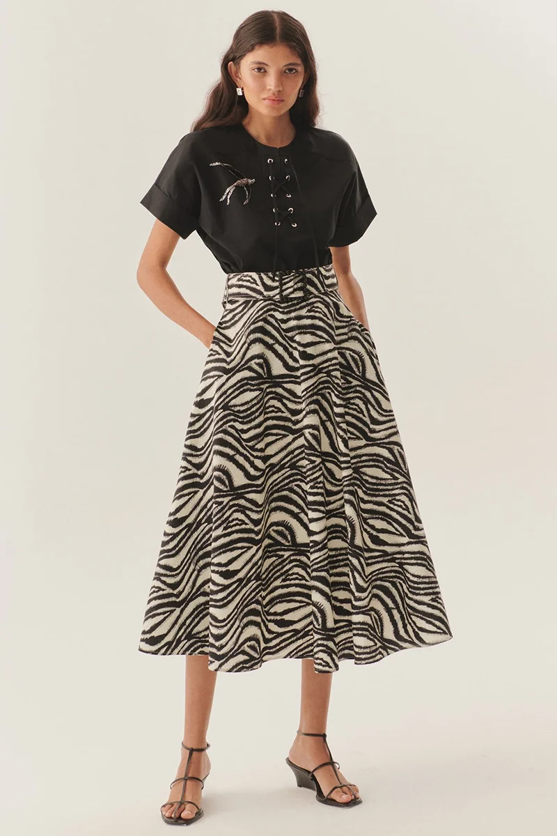 EXQUISE Zebra Patterned A-Line Cotton Midi Skirt with Buckle Belt Detail