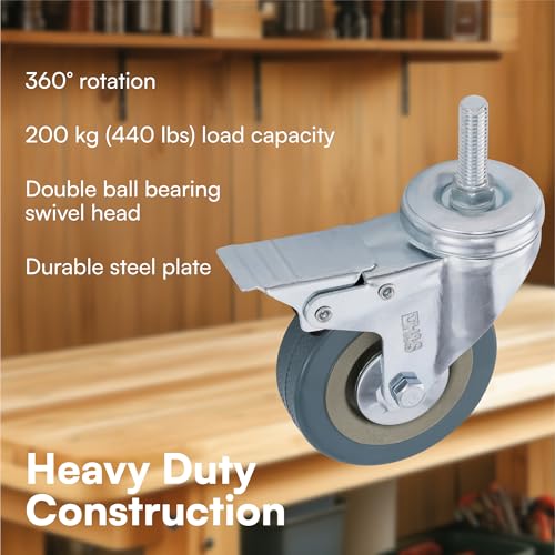 HST H&S Heavy Duty Castor Wheels - Set of 4 75mm (3") Castors with M10 Bolt - PU Swivel Trolley Wheels for Furniture - Lockable Caster with Brakes - Outdoor Wheel Casters - Image 3