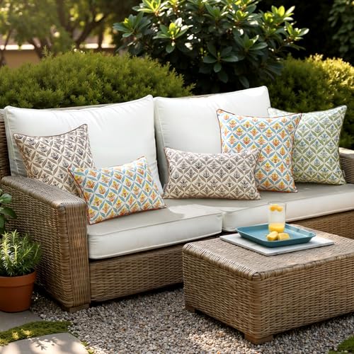 ANRODUO Floral Outdoor Pillow Covers 18x18 Waterproof Set of 2 Block Print Accent Decorative Cushion Cases with Refined Edge Piping for Summer Patio Porch Garden Couch Sofa Bench Decor Brown - Image 3