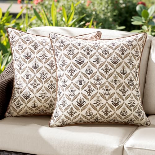 ANRODUO Floral Outdoor Pillow Covers 18x18 Waterproof Set of 2 Block Print Accent Decorative Cushion Cases with Refined Edge Piping for Summer Patio Porch Garden Couch Sofa Bench Decor Brown - Image 1