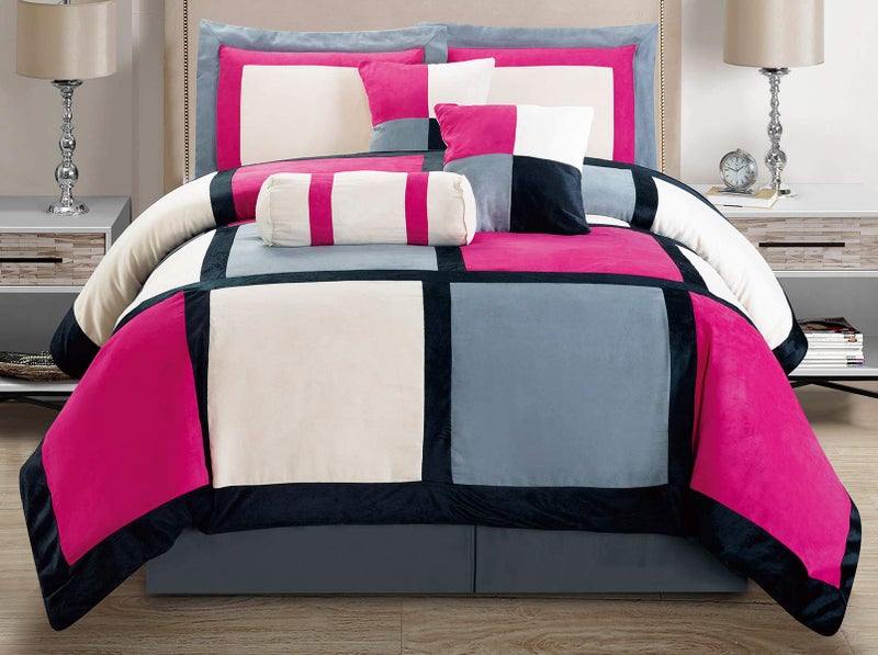 Masterplay 7 Piece Queen Size Pink Grey Color Bedding 94X 92 Comforter Set Micro Suede Bed in A Bag Patchwork Bedding