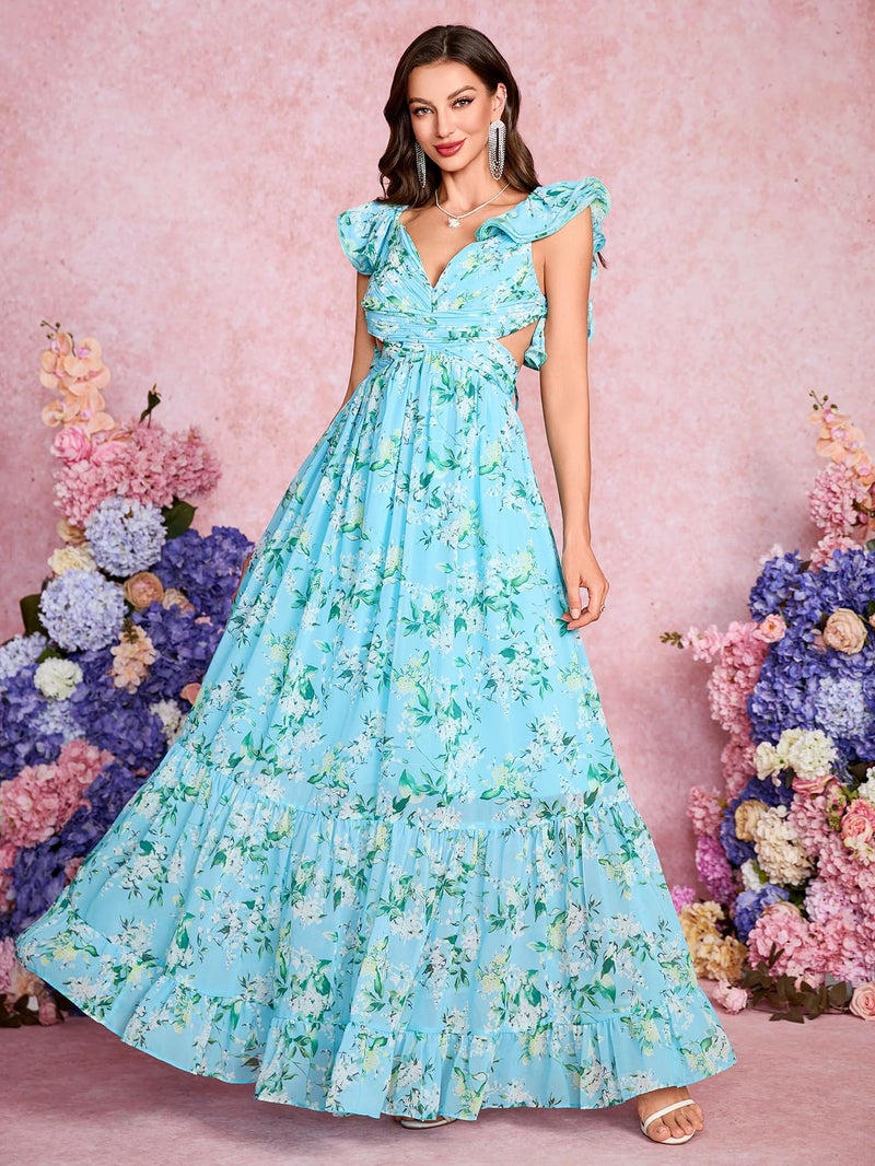 NeeMee Women's Summer Floral Print Straps Sleeveless V Neck Criss Cross Backless Chiffon Beach Boho Party Long Maxi Dress (US, Alpha, Large, Regular, Regular, Light Blue) - Image 4
