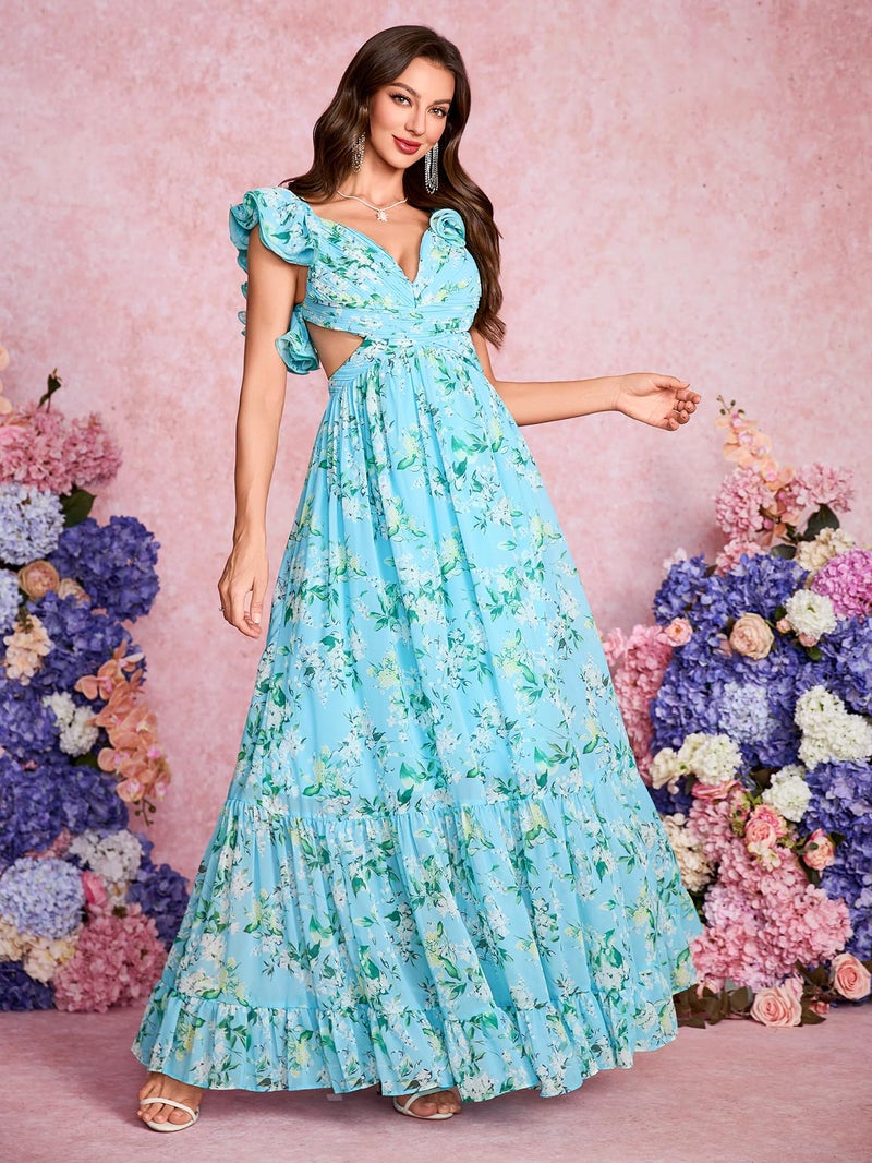 NeeMee Women's Summer Floral Print Straps Sleeveless V Neck Criss Cross Backless Chiffon Beach Boho Party Long Maxi Dress (US, Alpha, Large, Regular, Regular, Light Blue) - Image 5