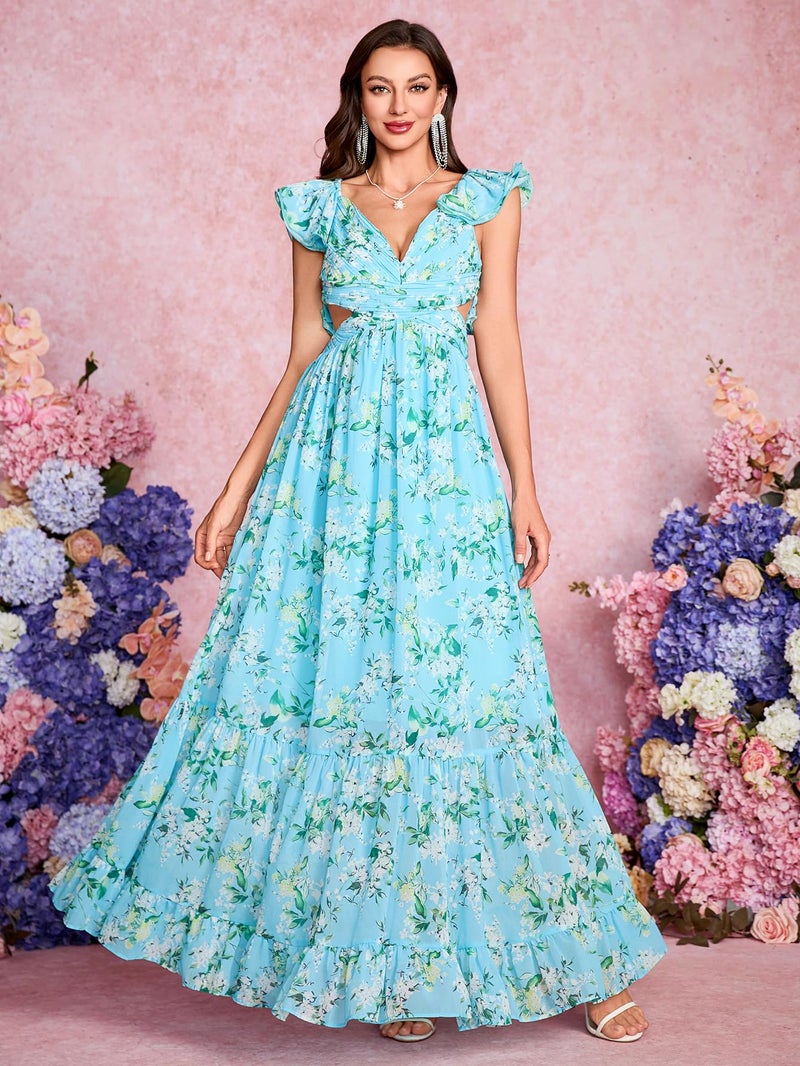 NeeMee Women's Summer Floral Print Straps Sleeveless V Neck Criss Cross Backless Chiffon Beach Boho Party Long Maxi Dress (US, Alpha, Large, Regular, Regular, Light Blue) - Image 2