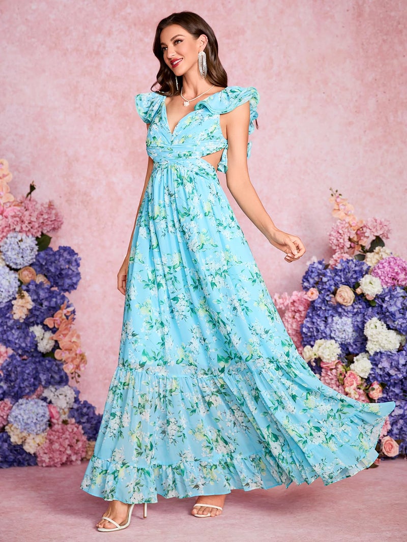 NeeMee Women's Summer Floral Print Straps Sleeveless V Neck Criss Cross Backless Chiffon Beach Boho Party Long Maxi Dress (US, Alpha, Large, Regular, Regular, Light Blue) - Image 3
