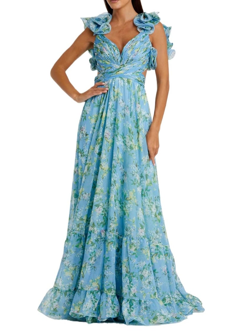 NeeMee Women's Summer Floral Print Straps Sleeveless V Neck Criss Cross Backless Chiffon Beach Boho Party Long Maxi Dress (US, Alpha, Large, Regular, Regular, Light Blue) - Image 1