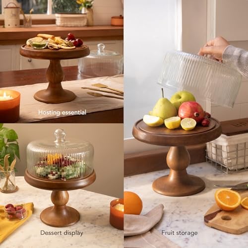 Ellementry Fluted Glass Cloche Wooden Cake Stand with Dome Lid, Round Cup Cake & Pastry Stand for Desserts, Stylish Pizza Stand for Parties, Weddings & Birthday, Serving Cake Plate with Dome Lid - Image 3
