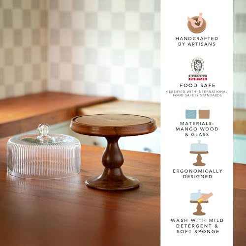 Ellementry Fluted Glass Cloche Wooden Cake Stand with Dome Lid, Round Cup Cake & Pastry Stand for Desserts, Stylish Pizza Stand for Parties, Weddings & Birthday, Serving Cake Plate with Dome Lid - Image 2