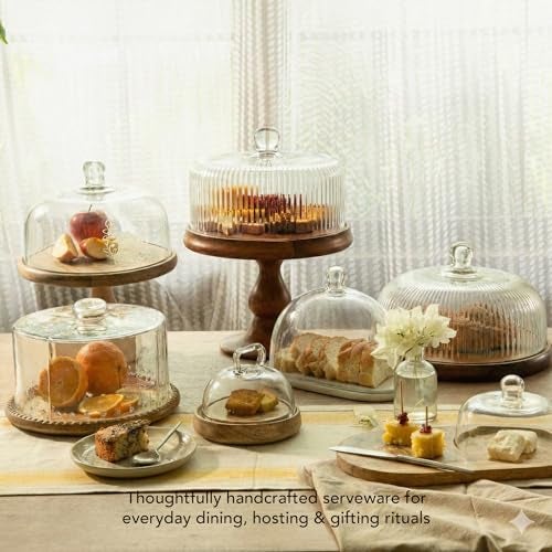 Ellementry Fluted Glass Cloche Wooden Cake Stand with Dome Lid, Round Cup Cake & Pastry Stand for Desserts, Stylish Pizza Stand for Parties, Weddings & Birthday, Serving Cake Plate with Dome Lid - Image 4