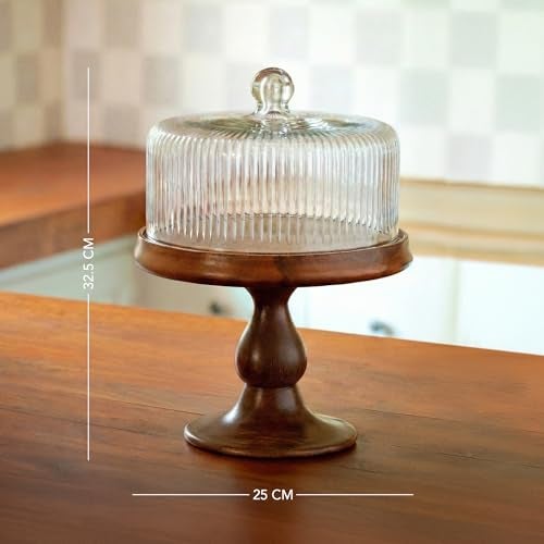 Ellementry Fluted Glass Cloche Wooden Cake Stand with Dome Lid, Round Cup Cake & Pastry Stand for Desserts, Stylish Pizza Stand for Parties, Weddings & Birthday, Serving Cake Plate with Dome Lid - Image 5