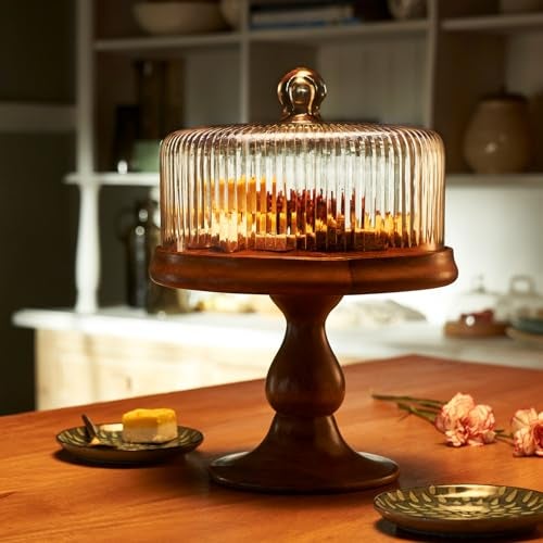 Ellementry Fluted Glass Cloche Wooden Cake Stand with Dome Lid, Round Cup Cake & Pastry Stand for Desserts, Stylish Pizza Stand for Parties, Weddings & Birthday, Serving Cake Plate with Dome Lid - Image 1
