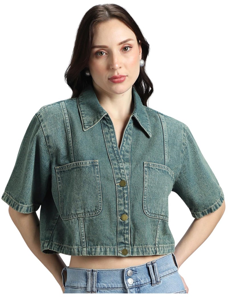INKD Women's Denim Crop TOP|Marine Blue|Extra Large - Image 5