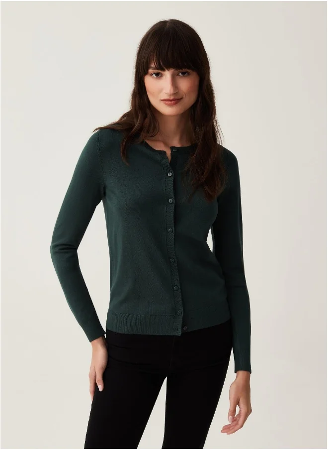 او في اس Solid colour cardigan with round neck