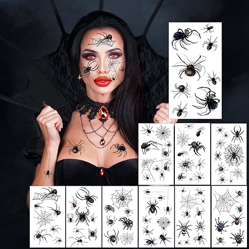 XIYOKA 80+ PCS Halloween Spider Web Temporary Tattoos Halloween Makeup Kit for Women Adults, Halloween Face Tattoos Realistic 3D Spider Web Fake Tattoos for Kids Halloween Temporary Tattoos - Image 2