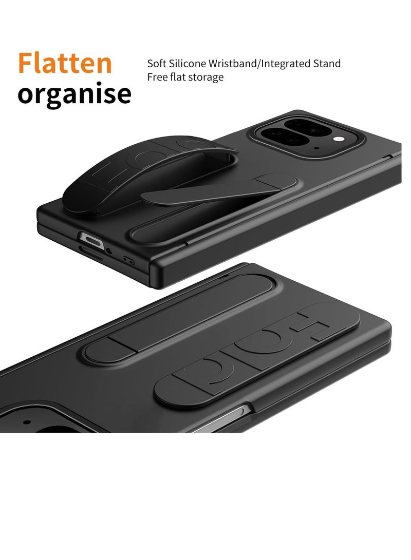 Google Pixel 9 Pro Fold Case Thin Lightweight Full Protection Brochure Style Tempered Glass Protective Film Matte Surface Hinge Case Skin-friendly Touch Wristband Bracket Function Anti-Fingerprint Lens Protection Wireless Charging Folding Mobile Phone Frame Impact-resistant Anti-slip Popular Cute Fun Window Fashionable Drop-proof Cute Wallet Type Smartphone - Black - Image 4