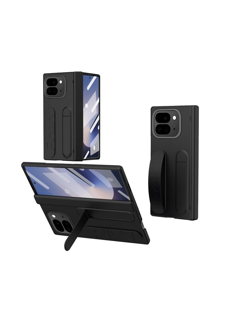 Google Pixel 9 Pro Fold Case Thin Lightweight Full Protection Brochure Style Tempered Glass Protective Film Matte Surface Hinge Case Skin-friendly Touch Wristband Bracket Function Anti-Fingerprint Lens Protection Wireless Charging Folding Mobile Phone Frame Impact-resistant Anti-slip Popular Cute Fun Window Fashionable Drop-proof Cute Wallet Type Smartphone - Black - Image 1
