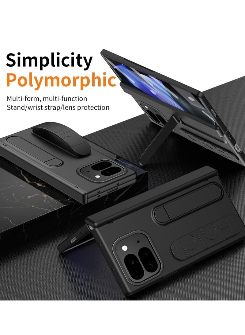 Google Pixel 9 Pro Fold Case Thin Lightweight Full Protection Brochure Style Tempered Glass Protective Film Matte Surface Hinge Case Skin-friendly Touch Wristband Bracket Function Anti-Fingerprint Lens Protection Wireless Charging Folding Mobile Phone Frame Impact-resistant Anti-slip Popular Cute Fun Window Fashionable Drop-proof Cute Wallet Type Smartphone - Black - Image 2
