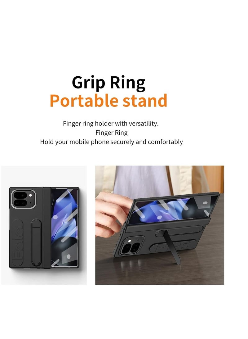 Google Pixel 9 Pro Fold Case Thin Lightweight Full Protection Brochure Style Tempered Glass Protective Film Matte Surface Hinge Case Skin-friendly Touch Wristband Bracket Function Anti-Fingerprint Lens Protection Wireless Charging Folding Mobile Phone Frame Impact-resistant Anti-slip Popular Cute Fun Window Fashionable Drop-proof Cute Wallet Type Smartphone - Black - Image 5