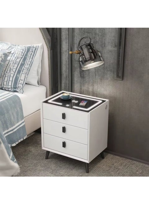 Smart Nightstand with 3 Drawers Modern Bed Side Table with Adjustable LED Lights Charging Table with Tempered Glass Tabletop