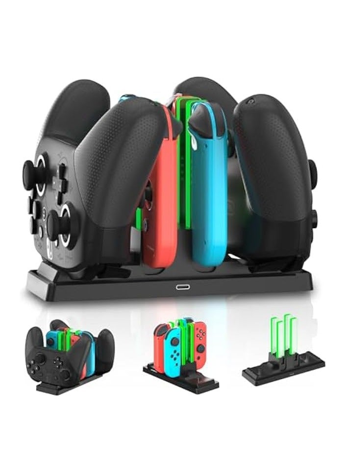 بروماس قاعدة شاحن وحدة التحكم للمحول، محطة شحن 6 في 1 لوحدات تحكم Switch Joy-Con وأجهزة التحكم الاحترافية باللون الأسود - Image 1