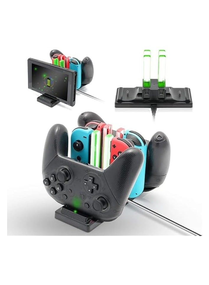 بروماس قاعدة شاحن وحدة التحكم للمحول، محطة شحن 6 في 1 لوحدات تحكم Switch Joy-Con وأجهزة التحكم الاحترافية باللون الأسود - Image 2