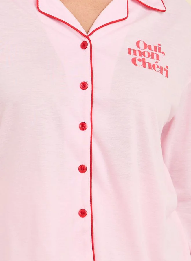 ستايلي Oui Mon Cheri Slogan Print Piped Shirt and Pyjama Set