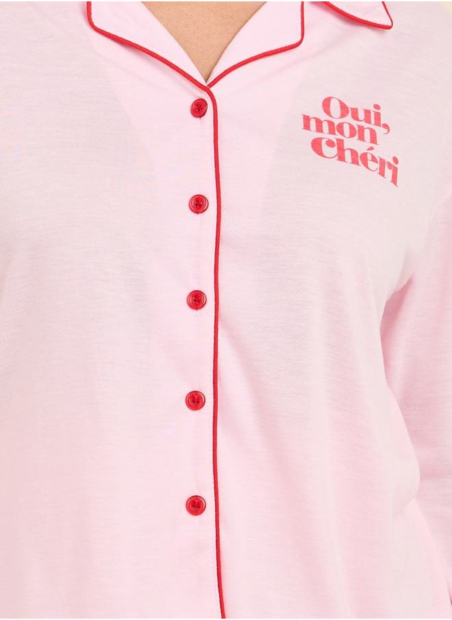 Styli - Oui Mon Cheri Slogan Print Piped Shirt and Pyjama Set - Image 1