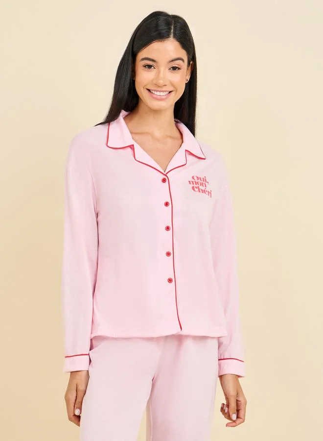 ستايلي Oui Mon Cheri Slogan Print Piped Shirt and Pyjama Set