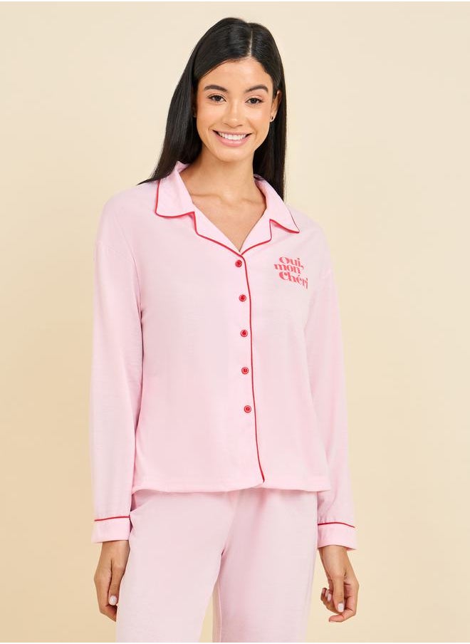 Styli - Oui Mon Cheri Slogan Print Piped Shirt and Pyjama Set - Image 1