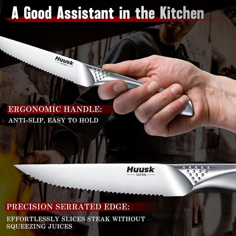 Huusk Serrated Steak Knives Set - 4.5" Japanese Stainless Steel Steak Knives Set of 2, Sharp Dishwasher Safe Dinner Knife for Kitchen Table with Gift Box, Christmas Gifts for Men Women - Image 5