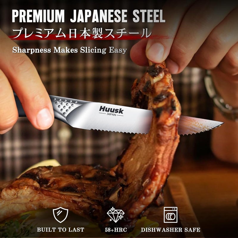 Huusk Serrated Steak Knives Set - 4.5" Japanese Stainless Steel Steak Knives Set of 2, Sharp Dishwasher Safe Dinner Knife for Kitchen Table with Gift Box, Christmas Gifts for Men Women - Image 3