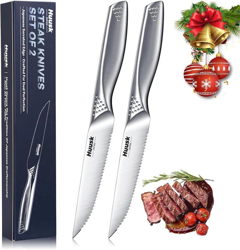 Huusk Serrated Steak Knives Set - 4.5" Japanese Stainless Steel Steak Knives Set of 2, Sharp Dishwasher Safe Dinner Knife for Kitchen Table with Gift Box, Christmas Gifts for Men Women - Image 1