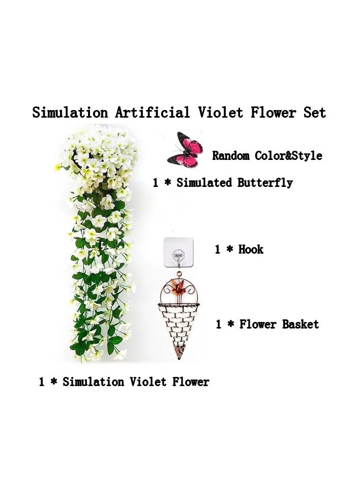 1-Bunch Simulation Violet Plant Hanging Wall Flower,Hanging Balcony Wall Decoration Set with Hook/Flower Basket/Simulation Butterfly,Colour White - Image 1