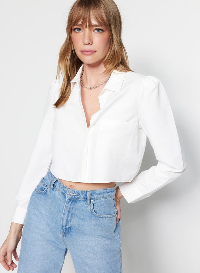 trendyol Ecru Crop Regular Regular Fit Woven Shirt - Image 1
