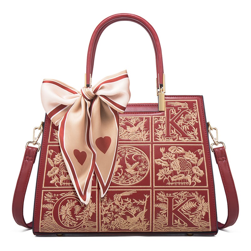 Elegant Red Embroidered Handbag For Women, Large Capacity Trendy Crossbody Bag, Mom Bag, Bridal Wedding Bag - Image 1