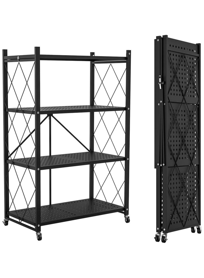 VUCATIN رف تخزين قابل للطي مع عجلات، وحدة عرض رفوف معدنية قابلة للطي، عربة متدحرجة للكتب وأرفف تخزين المطبخ ومنظم المؤن والخزانة وديكور غرفة المكتب (أسود، 4 طبقات) - Image 1