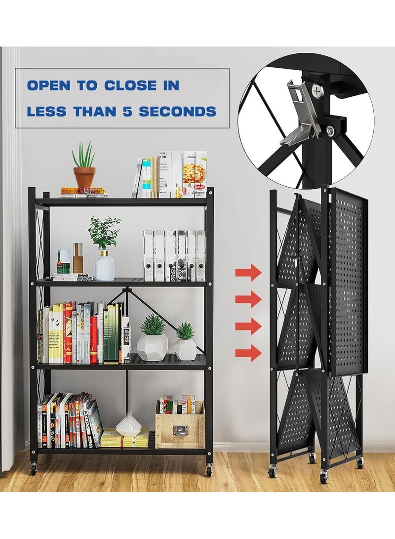VUCATIN رف تخزين قابل للطي مع عجلات، وحدة عرض رفوف معدنية قابلة للطي، عربة متدحرجة للكتب وأرفف تخزين المطبخ ومنظم المؤن والخزانة وديكور غرفة المكتب (أسود، 4 طبقات) - Image 2