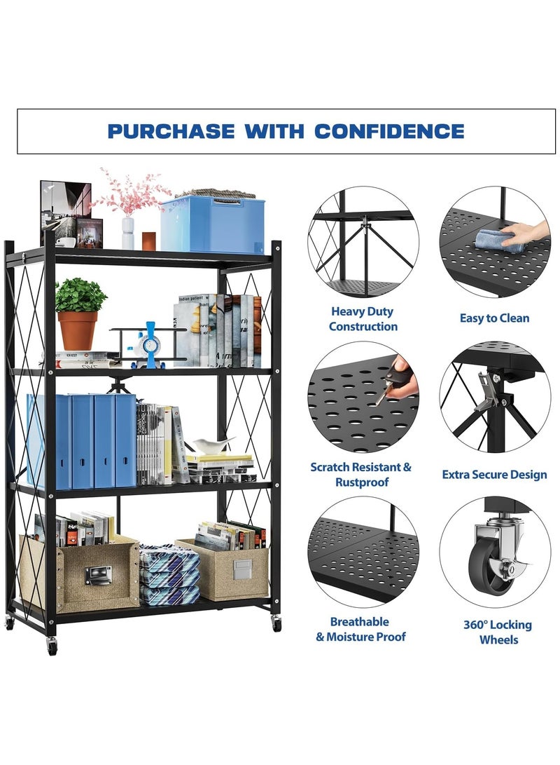 VUCATIN رف تخزين قابل للطي مع عجلات، وحدة عرض رفوف معدنية قابلة للطي، عربة متدحرجة للكتب وأرفف تخزين المطبخ ومنظم المؤن والخزانة وديكور غرفة المكتب (أسود، 4 طبقات) - Image 3