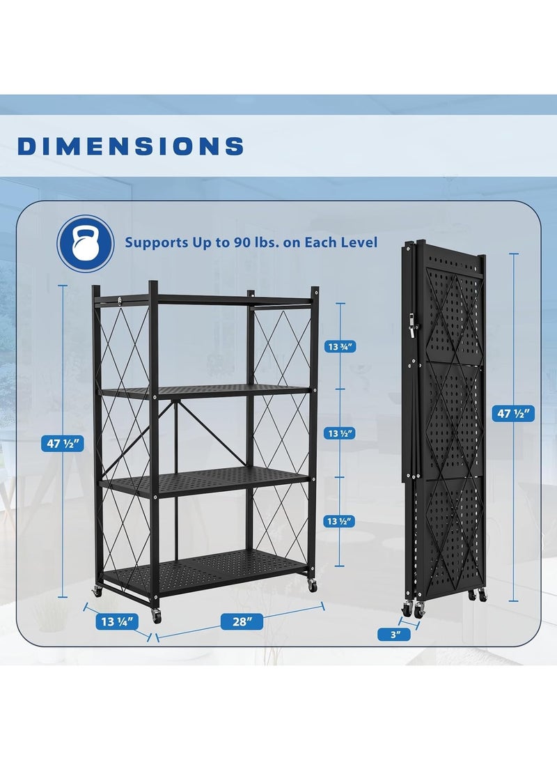 VUCATIN رف تخزين قابل للطي مع عجلات، وحدة عرض رفوف معدنية قابلة للطي، عربة متدحرجة للكتب وأرفف تخزين المطبخ ومنظم المؤن والخزانة وديكور غرفة المكتب (أسود، 4 طبقات) - Image 5
