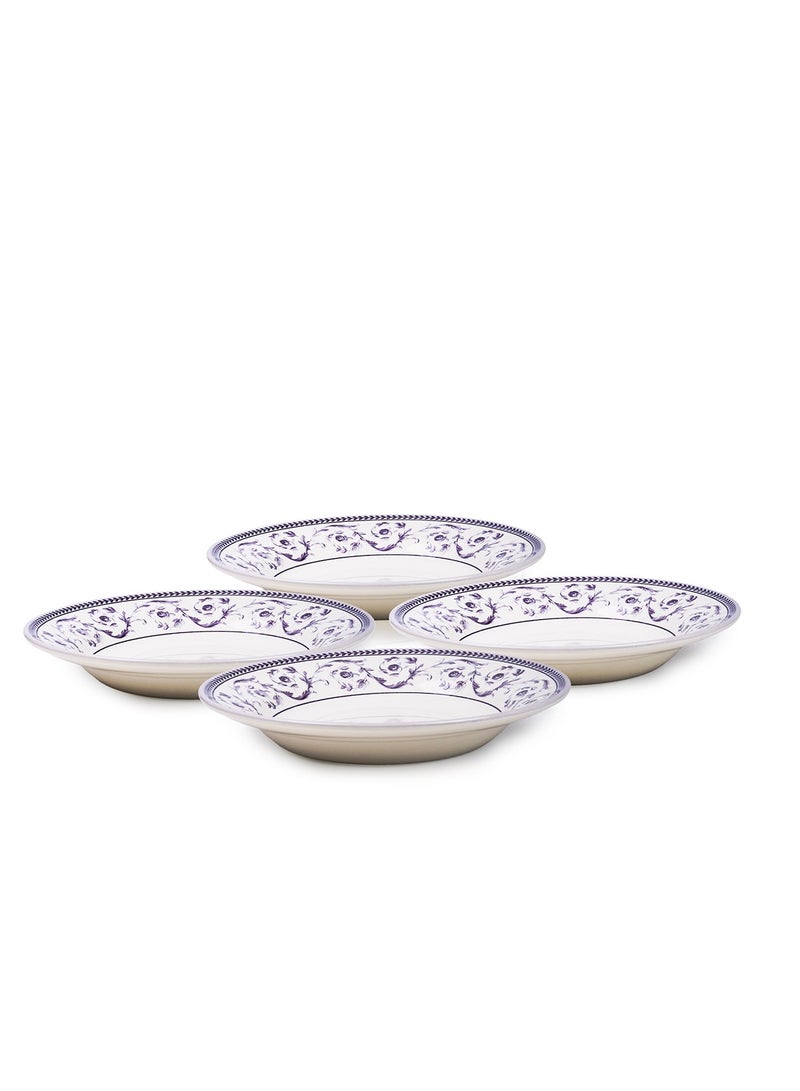 Claytan Callista Blue Decorative Pattern 9.1 inch Ceramic Soup Plate (White, Set of 4)