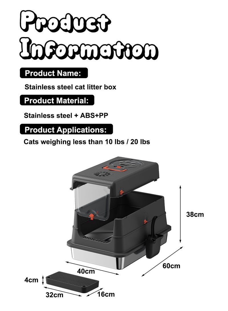 Kidle Large Fully Enclosed Stainless Steel Cat Litter Box with Litter Scoop Cat Toilet Cat Litter Tray High Wall Side Shell Non-Sticky Anti Splashing and Easy Clean 40*60*38cm - Image 4