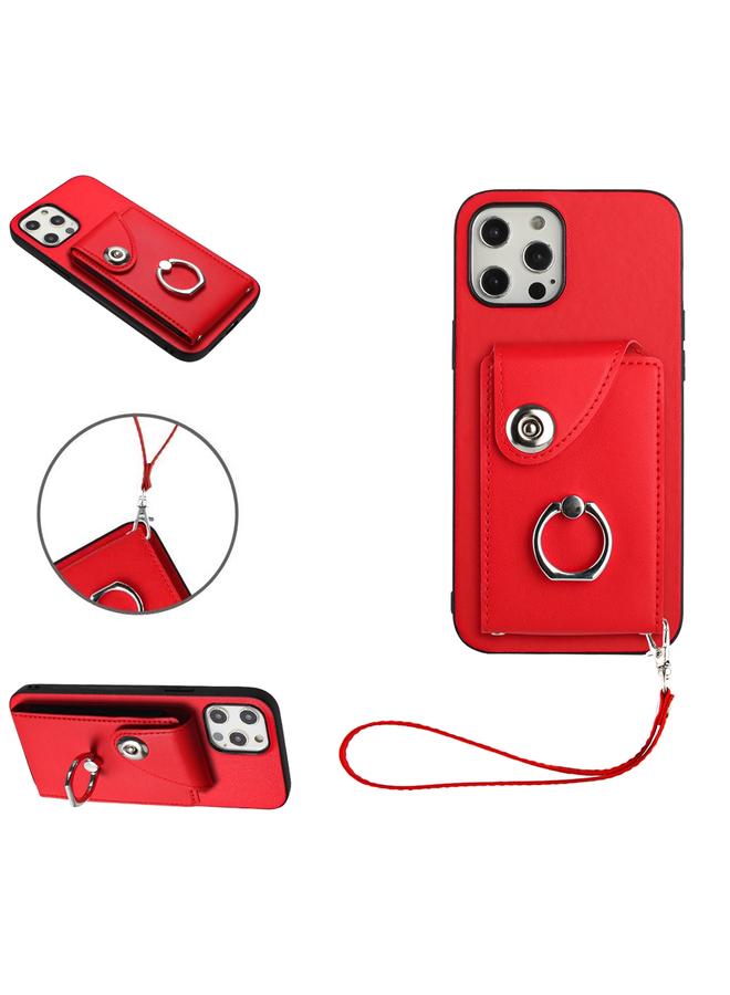 زبون جراب لهاتف iPhone 12 Pro Max مزود بحلقة وحقيبة بطاقات وحافظة هاتف من البولي يوريثان مع حبل - Image 1
