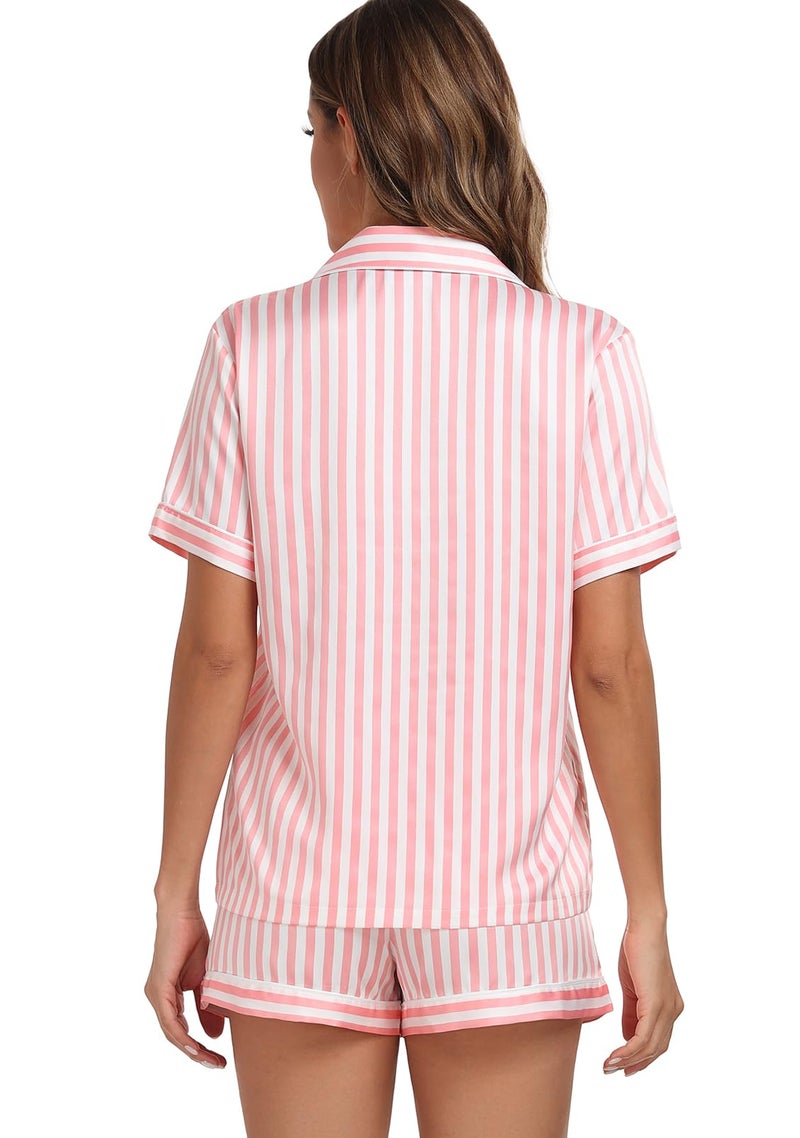 Serenedelicacy Women's Satin Pajama Set 2-Piece Sleepwear Loungewear Button Down Short Sleeve Silky PJ Set (Medium, Pink/Ivory, Stripe) - Image 2
