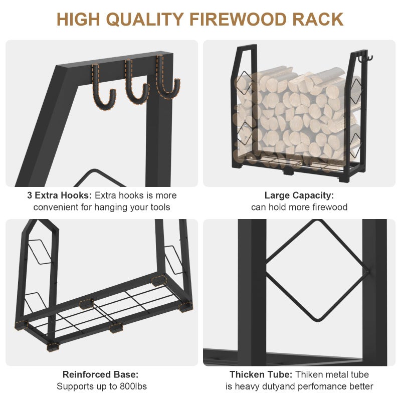 VyGrow Firewood Rack for Outdoor, Firewood Holder with 3 Hanging Hooks, Heavy Duty Wood Rack for Indoor Outdoor Patio, Black - Image 4