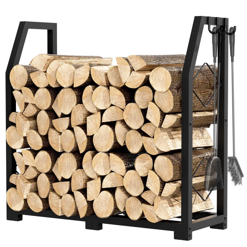 VyGrow Firewood Rack for Outdoor, Firewood Holder with 3 Hanging Hooks, Heavy Duty Wood Rack for Indoor Outdoor Patio, Black - Image 1