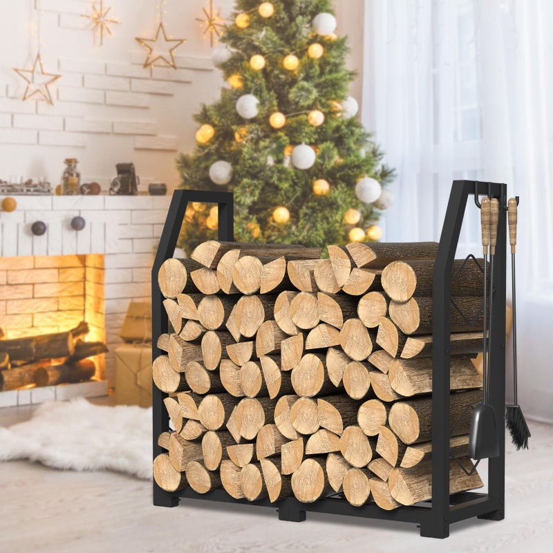 VyGrow Firewood Rack for Outdoor, Firewood Holder with 3 Hanging Hooks, Heavy Duty Wood Rack for Indoor Outdoor Patio, Black - Image 2