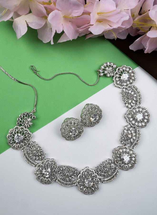 StileAdda Silver-Plated CZ & AD-Studded Jewellery Set with Floral Design - Image 1