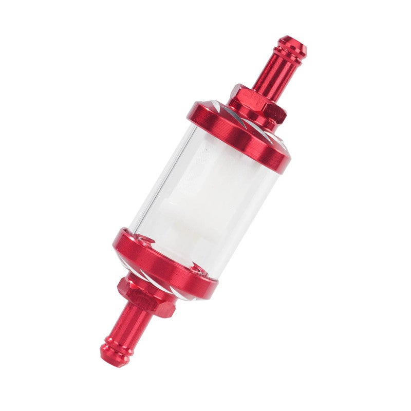 Glass Fuel Filter: 8mm Input Output, Alloy And Glass Shell, Spiral Cleaning Filter - Red, For 5/16 Inner Diameter Hoses - Image 1